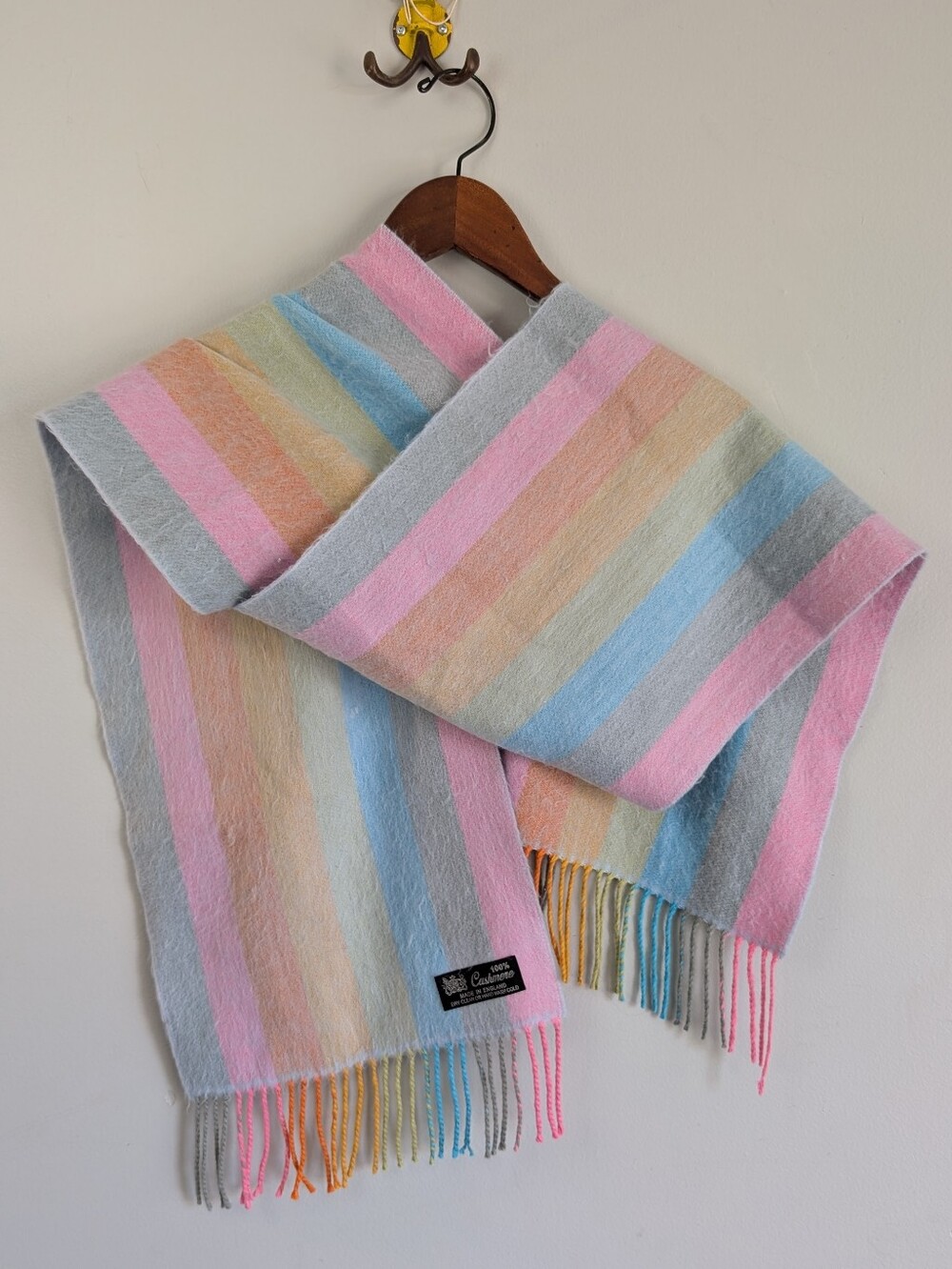 Vintage 100% Cashmere Pastel Rainbow Scarf 64" x 11", Made In England